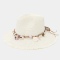 Women's summer straw sun hat with shell decoration and trendy frayed wide brim - One Size / Ivory