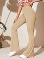 Detail view of high-waisted ribbed knit yoga flare pants with a smooth draped silhouette - S / Bottoms / Khaki