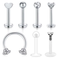 Set of 7 silver stainless steel and acrylic body piercing rings with heart and zircon stud - 7Pcs Set (Combo Set)