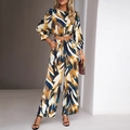 Women's two-piece set with abstract print crop top and high-waist wide-leg trousers - S / Top And Bottom / Yellow