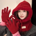 Winter knitted balaclava set with matching gloves in vibrant red warm knit fabric - Red (Hat and Gloves)