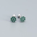 925 silver stud earrings with green enamel floral design and secure ball back closure - Platinum (Green Stone)