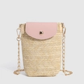 Vertical straw woven phone bag with pink leather flap and gold chain strap - Cream-Pink