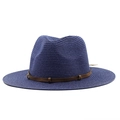 Navy blue woven straw cowboy hat with a brown leather band and vintage bronze buckle - Navy Blue