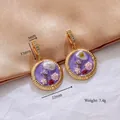 Vintage purple floral enamel earrings with gold textured edges and measurements - Purple Floral [C-30]