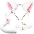 White cat ear headband set with pink bows and golden bells for Halloween cosplay - White Pink Inner Cat Ears + Choker + Tail