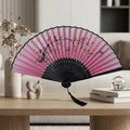 Classic folding hand fan in pink with cherry blossom and butterfly print with black tassel - Style 32 (New Style)