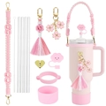 Pink daisy woven cup lanyard set with floral charms and silicone straw cover accessory - Pink Jewelry Set