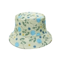 Detail of floral bucket hat with light green base and blue flower prints for summer - M (56-58cm) / Pale Yellow Green Base Blue Dainty Floral (H)