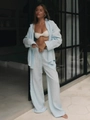 Light blue long sleeve shirt and wide-leg trousers two-piece set in linen texture - Light Blue