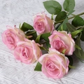 Artificial velvet roses bouquet with five pink and white heads on white knit fabric - Rose Red (Silk Version)