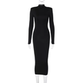 Detail shot of black high-neck bodycon maxi dress with long sleeves on white background - S / Black