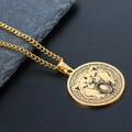 Close-up of golden lion head pendant with Greek fret border on a cuban chain necklace - Gold Bear