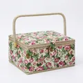 Floral fabric sewing basket with rose patterns, wicker handle and button closure detail - G Style - Pastoral Rose