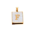 Detail shot of golden square stainless steel pendant with white pearl inlay and letter F - Gold F