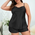Plus size black satin sleepwear set with pleated camisole and matching shorts - 1XL / Black