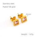 Square stainless steel stud earrings in 18k gold plating with pink zircon stones - 6mm x 6mm / Pink Zirconia