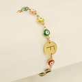Gold evil eye bracelet featuring multi-color beads and a round pendant with letter F - Letter F