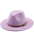 Classic lavender wool felt fedora hat with wide brim and brown leather belt buckle - Taro Purple