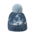 Detail of blue and white tie-dye knit beanie with fluffy faux fur pompom and cable texture - M (56-58cm) / Gray