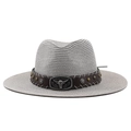 Retro western cowboy straw hat in light grey with leather band and bull head buckle - M (56-58cm) / Gray