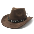 Close-up of brown suede cowboy hat with turquoise beads and silver metal rivets decor - M (56-59cm) / Brown (Suede)