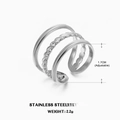 Adjustable triple-layer stainless steel ring in silver with textured spiral band - Silver