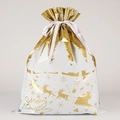 White and gold Christmas drawstring gift bag featuring reindeer and snowflake patterns - Elk Gold