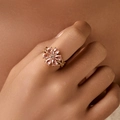 Elegant gold bow-shaped ring with pink zircon petals and cross-band micro-pave crystals - KR0087/Six-Petal Pink Flower Ring