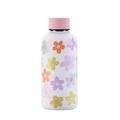 White stainless steel vacuum insulated bottle with colorful daisy patterns and pink cap - White Style 17B
