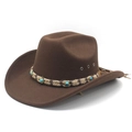 Brown western cowboy hat with felt texture, turquoise bead band, and stylish leather tassels - M (56-58cm) / Brown