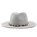 Grey straw panama hat with colorful bead decoration and flat brim for summer sun protection - M (56-58cm) / Gray
