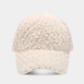 Detailed view of cream fuzzy warm baseball cap featuring a unique wavy plush texture - Adjustable / Beige