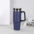 40oz dark blue matte stainless steel insulated tumbler with handle and clear straw - 890ml / Navy Blue (Handle Style)