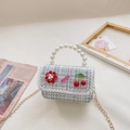 Mini cute girls purple tweed crossbody bag with pearl handle and floral charm - Blue With Camellia