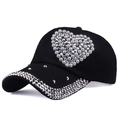 Gorra de béisbol de algodón negro con diseño de corazón de perlas y pedrería - Ajustable / Negro