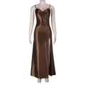 Detail view of brown satin evening dress with cowl neck and side slit on mannequin - XS / Brown