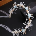 Cerchietto a foglie dorate con perle finte e fiori blu per acconciature da sposa - Fascia in filo di rame / Blu