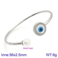 Silver evil eye heart bangle with shell pearl charm and hollow stainless steel frame - Round Style (KB123062-K)
