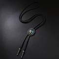 Retro bolo tie with black braided leather rope and silver religious saint pendant - Antique Silver Portrait Style 1