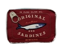 Detail of embroidered sardine tin pouch featuring vintage olive oil lettering and red fabric - Burgundy