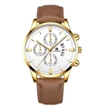 Detail of gold case men's watch with brown leather strap and white multi-dial face - Brown Strap Gold Case White Dial Gold Hands