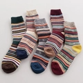 Five pairs of thick wool blend crew socks with vintage ethnic patterns and ribbed texture - One Size / Stripe