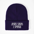 Bonnet en tricot violet foncé avec broderie Jesus Saves I Spend pour un look décontracté - Bleu Marine