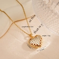 Golden heart pendant necklace with zircon stones, 17.2mm heart, 40+5cm chain length - Gold Hollow Striped Heart Style