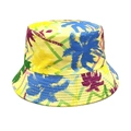 Detail of yellow bucket hat with colorful palm tree prints and geometric lines pattern - M (56-58cm) / Yellow