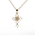 Golden cross necklace with white pearls and zircon heart on elegant O-link chain - Gold Pearl Cross