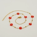 Golden stainless steel chain necklace with red crystal flower beads and lobster clasp - Necklace / Red