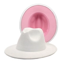 Detail of white wool fedora hat featuring a stylish pink color block wide brim - M (56-58cm) / White + Pink