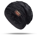 Men's winter knit beanie with fleece lining and leather sport patch in dark grey - Beanie / Black